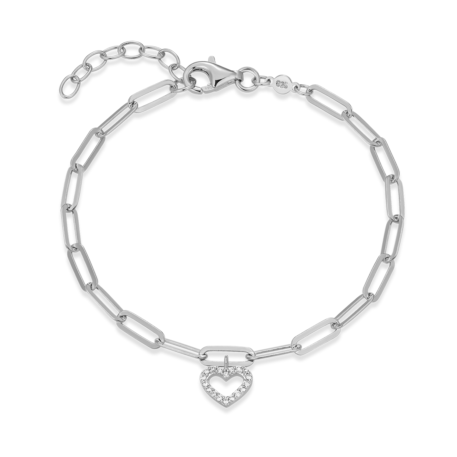 Open Heart Pendant Lab-Created Diamond Paperclip Bracelet in Rhodium-Plated Sterling Silver | M by Monte Luna