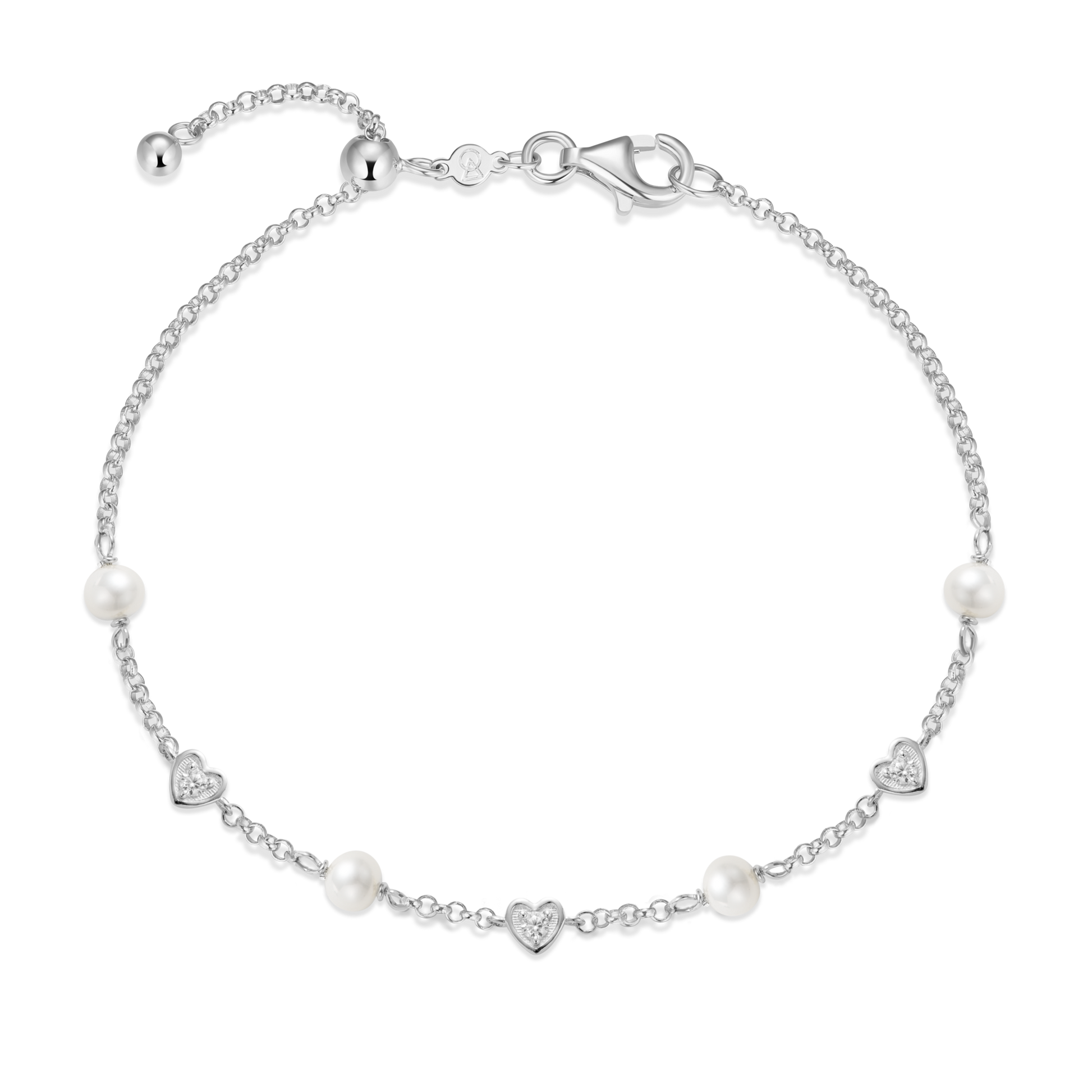 Hearts & Pearls Station Bolo Bracelet in Rhodium-Plated Sterling Silver | M by Monte Luna