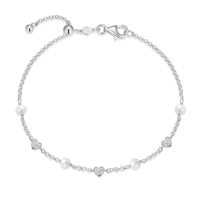 Hearts & Pearls Station Bolo Bracelet in Rhodium-Plated Sterling Silver | M by Monte Luna