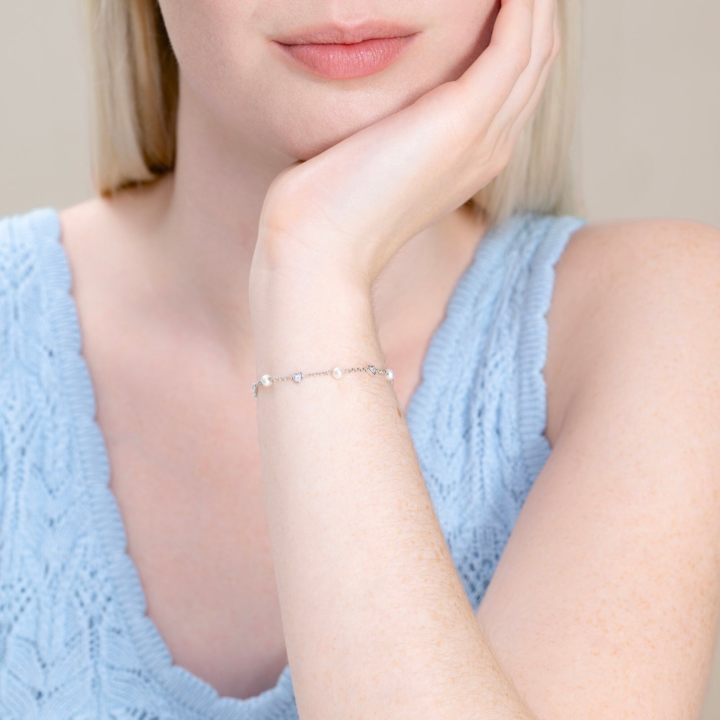 Hearts & Pearls Station Bolo Bracelet in Rhodium-Plated Sterling Silver | M by Monte Luna