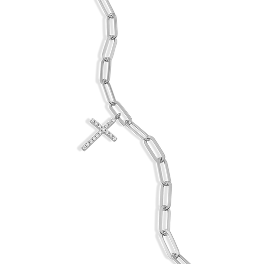 Cross Pendant Lab-Created Diamond Paperclip Bracelet in Rhodium-Plated Sterling Silver | M by Monte Luna