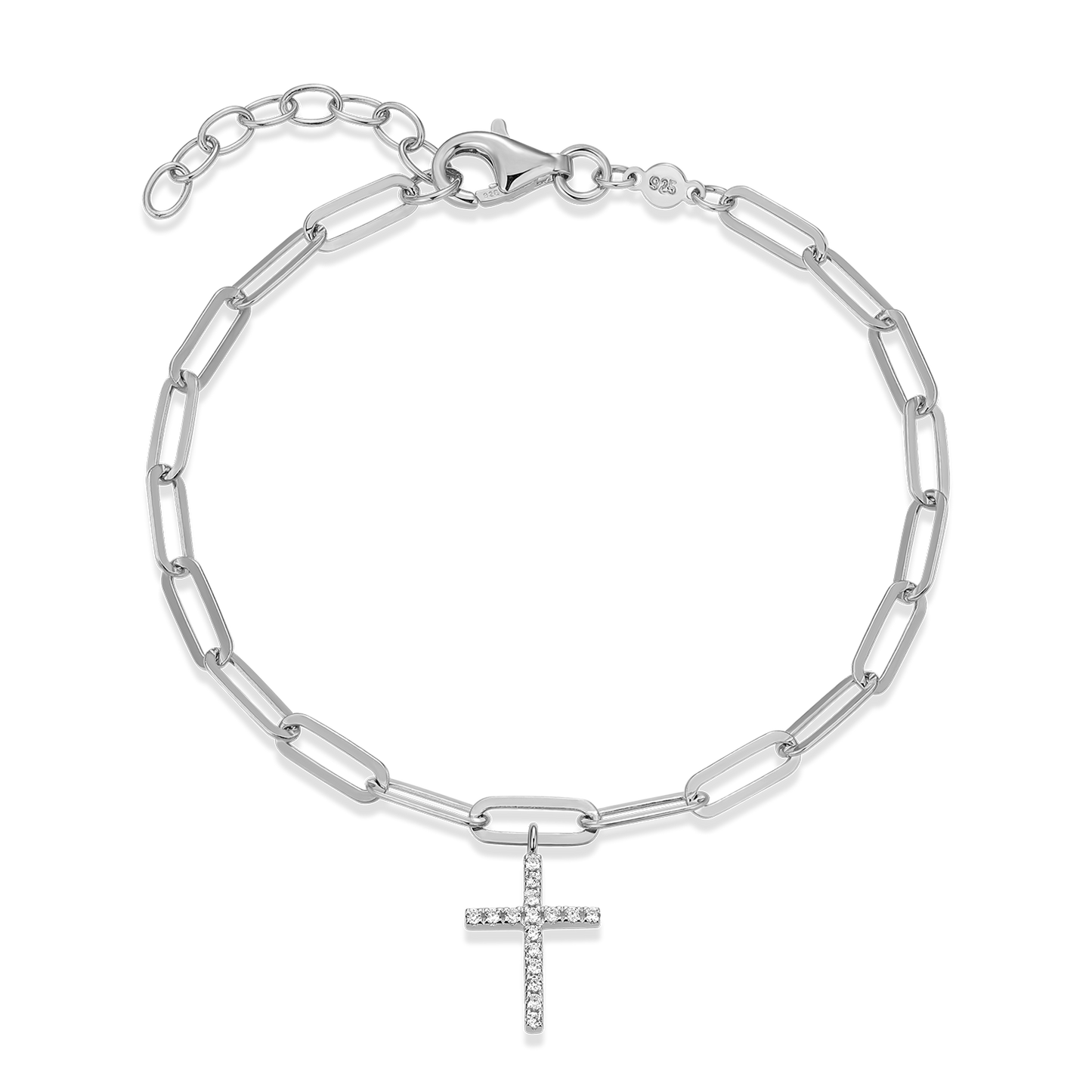 Cross Pendant Lab-Created Diamond Paperclip Bracelet in Rhodium-Plated Sterling Silver | M by Monte Luna