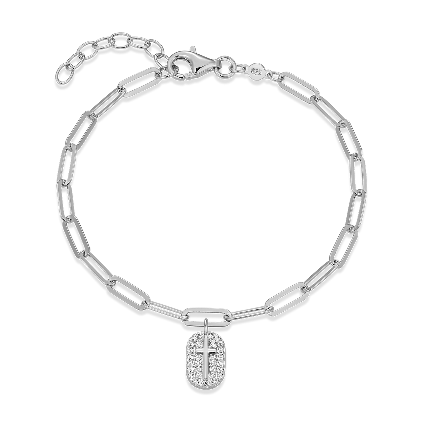 Cross Tag Pendant Lab-Created Diamond Paperclip Bracelet in Rhodium-Plated Sterling Silver | M by Monte Luna