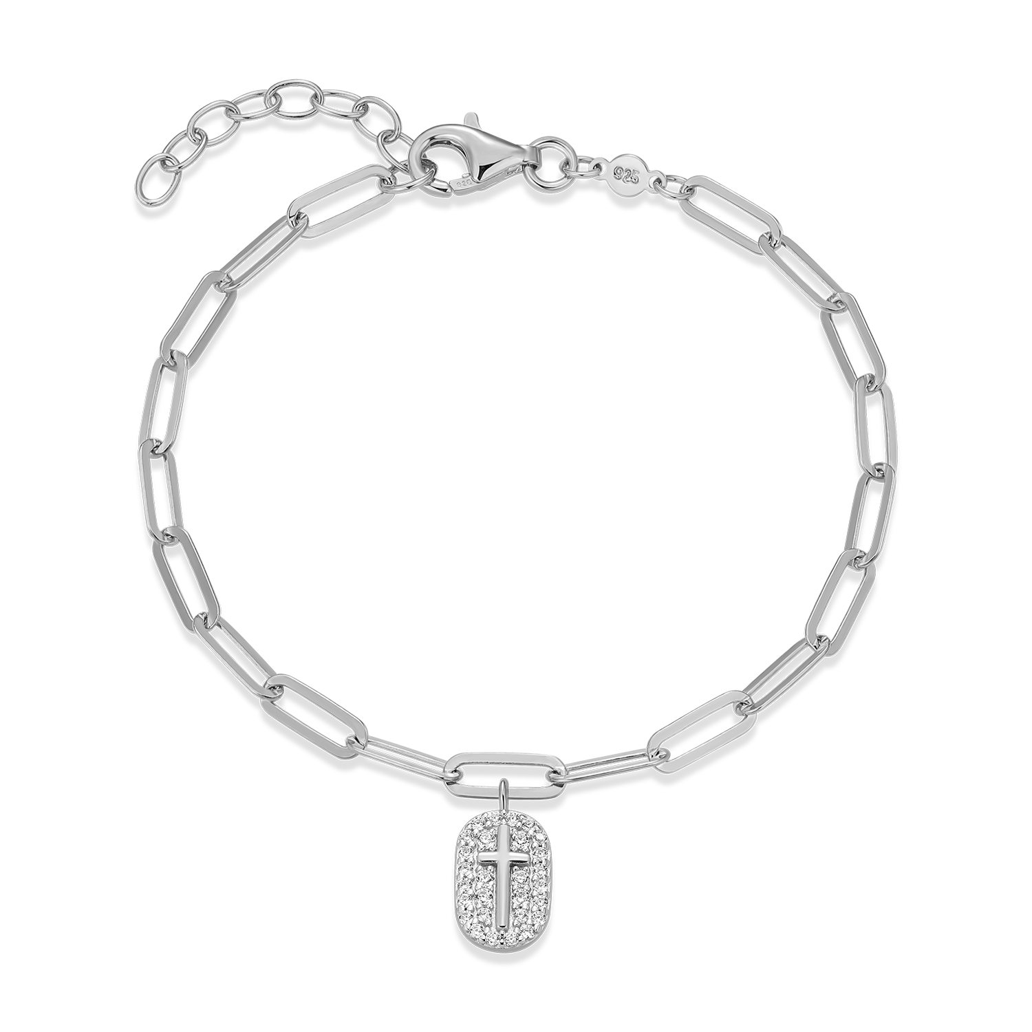 Cross Tag Pendant Lab-Created Diamond Paperclip Bracelet in Rhodium-Plated Sterling Silver | M by Monte Luna