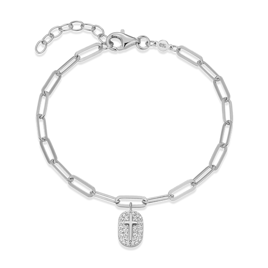 Cross Tag Pendant Lab-Created Diamond Paperclip Bracelet in Rhodium-Plated Sterling Silver | M by Monte Luna
