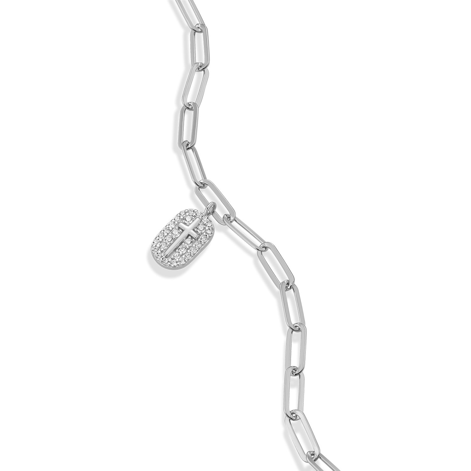 Cross Tag Pendant Lab-Created Diamond Paperclip Bracelet in Rhodium-Plated Sterling Silver | M by Monte Luna