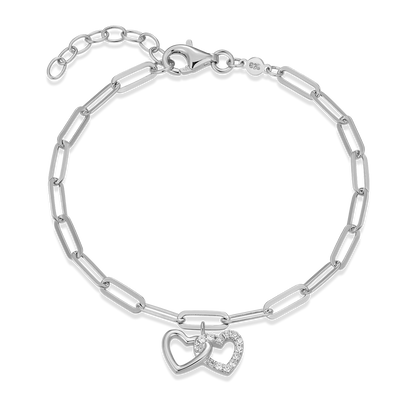 Twin Heart Pendant Lab-Created Diamond Paperclip Bracelet in Rhodium-Plated Sterling Silver | M by Monte Luna