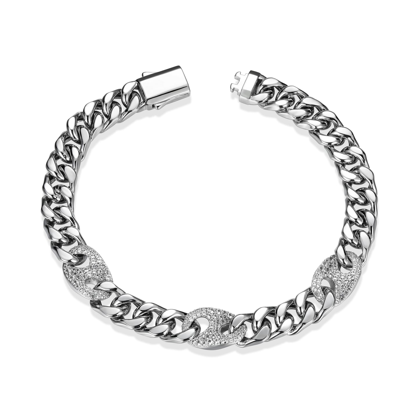 Links Lab-Created White Sapphire Mariner Station Cuban Chain Bracelet in Rhodium-Plated Sterling Silver | ethos