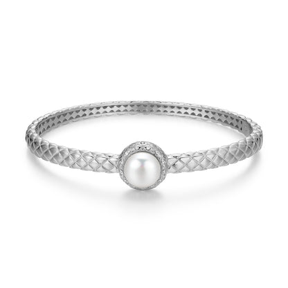 TEST BATCH 004 - Quilted Freshwater Pearl Bangle - Rhodium-Plated