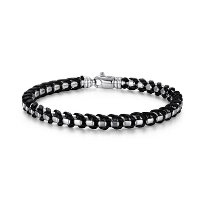 Italian Chain Rhodium Plated Round Box Chain with Black Leather Bracelet - 8.5" - UB0005M | ethos