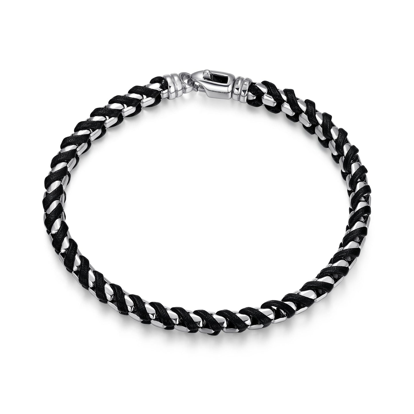 Italian Chain Rhodium Plated Round Box Chain with Black Leather Bracelet - 8.5" - UB0005M | ethos