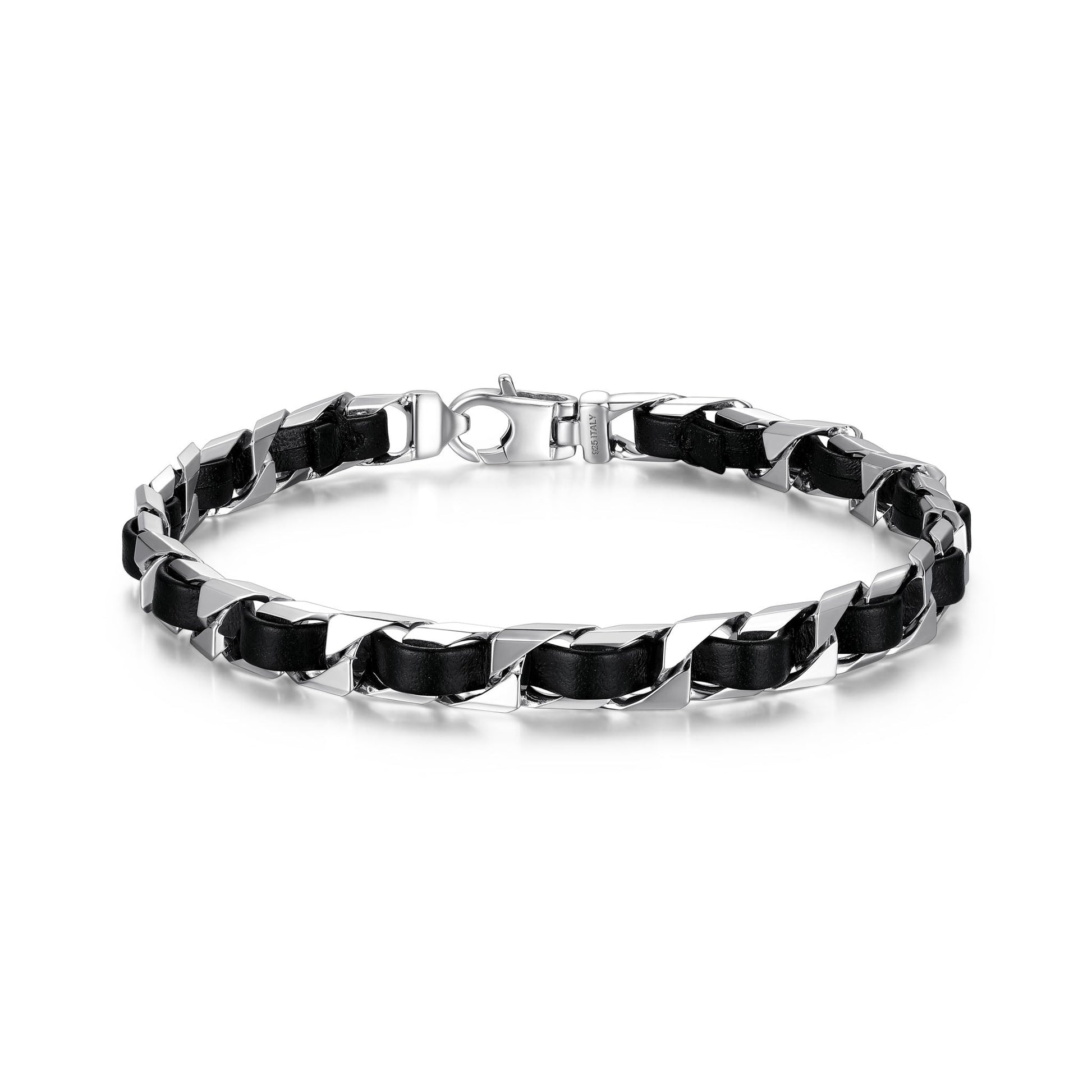 Italian Chain Rhodium Plated Curb Chain with Black Leather Bracelet - 7.75" - UB0006S | ethos