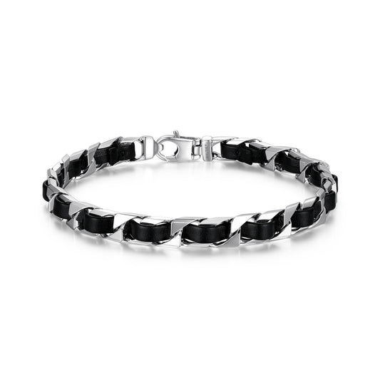 Italian Chain Rhodium Plated Curb Chain with Black Leather Bracelet - 7.75" - UB0006S | ethos