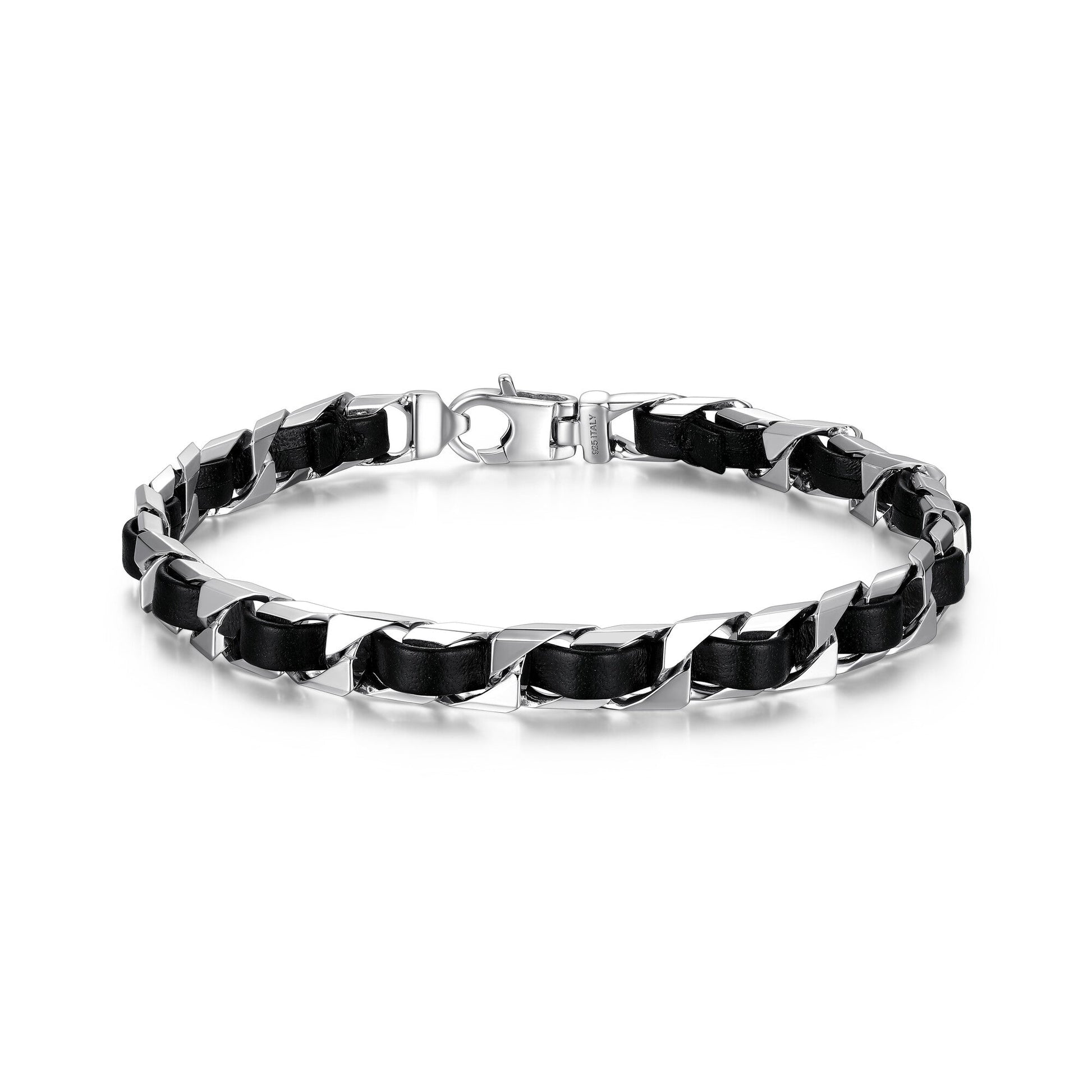 Italian Chain Rhodium Plated Curb Chain with Black Leather Bracelet - 8.5" - UB0006M | ethos