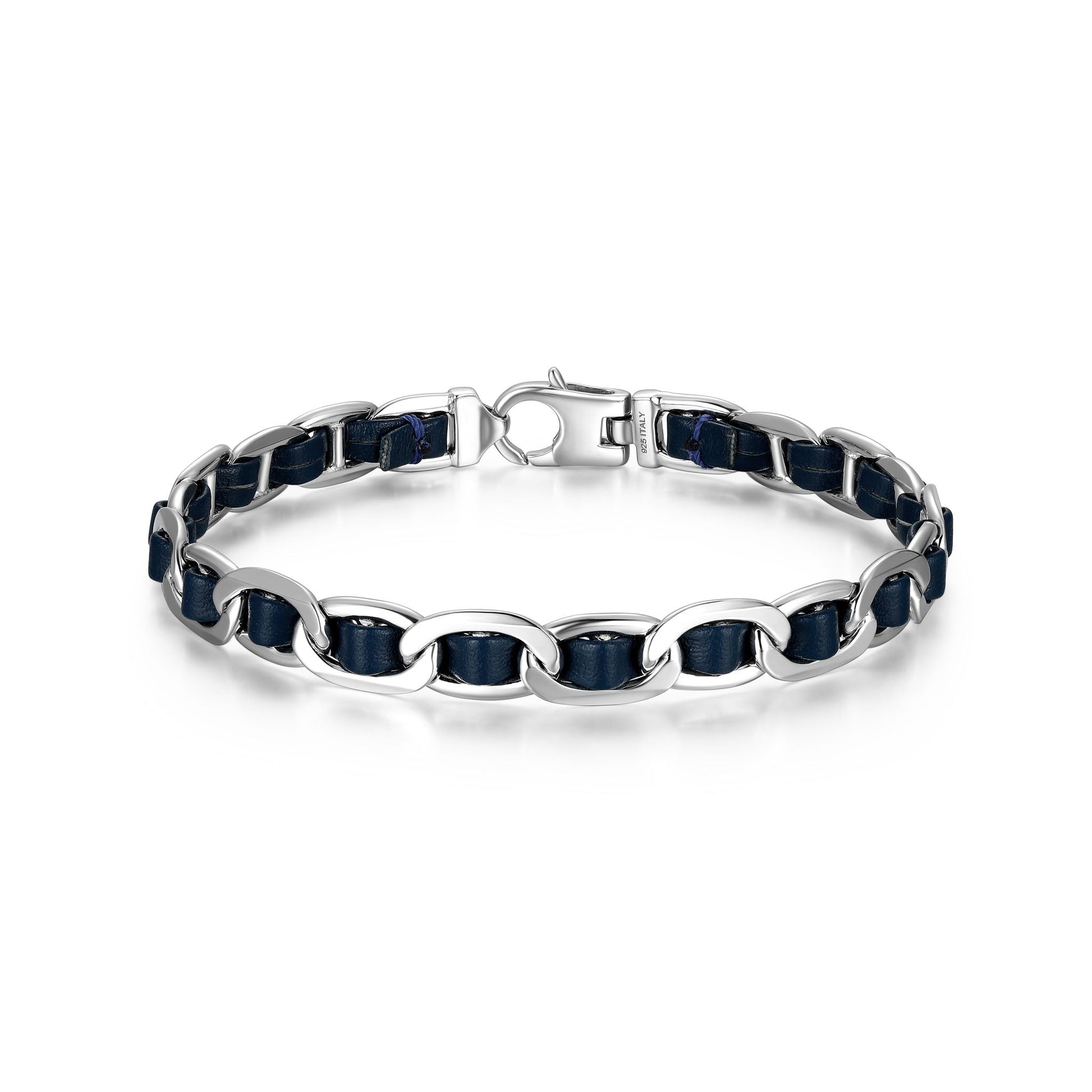 Italian Chain Rhodium Plated Mariner Chain Bracelet with Blue Flat Leather - 7.75" - UB0007S | ethos
