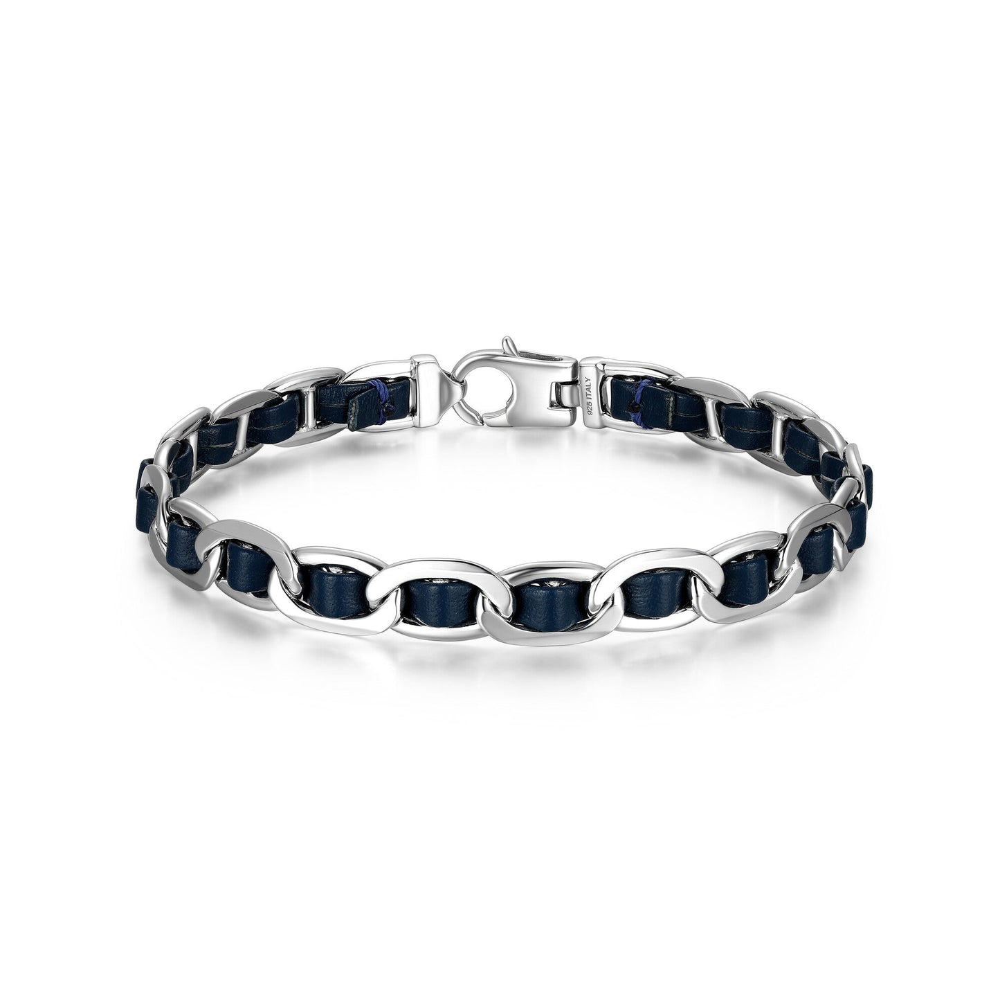 Italian Chain Rhodium Plated Mariner Chain Bracelet with Blue Flat Leather - 8.5" - UB0007M | ethos