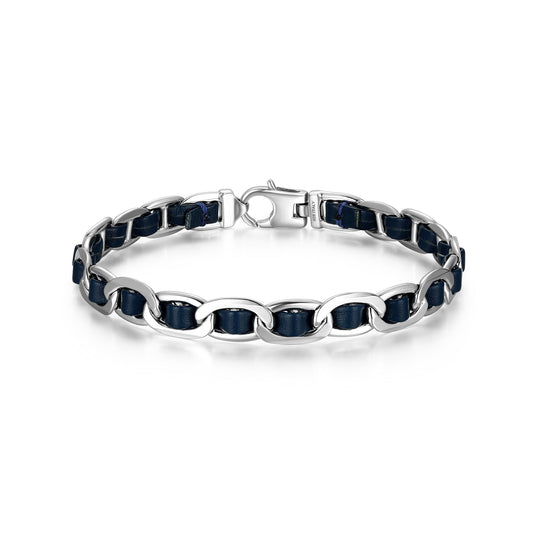 Italian Chain Rhodium Plated Mariner Chain Bracelet with Blue Flat Leather - 8.5" - UB0007M | ethos