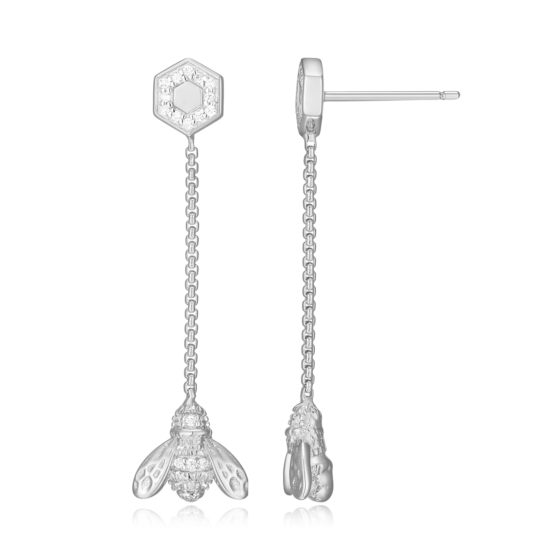 Honey Bee Dangle Stud Earrings in Rhodium-Plated Sterling Silver | M by Monte Luna