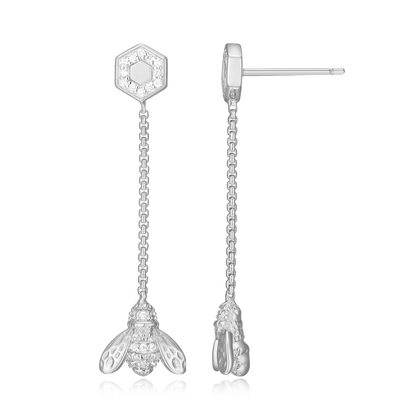 Honey Bee Dangle Stud Earrings in Rhodium-Plated Sterling Silver | M by Monte Luna
