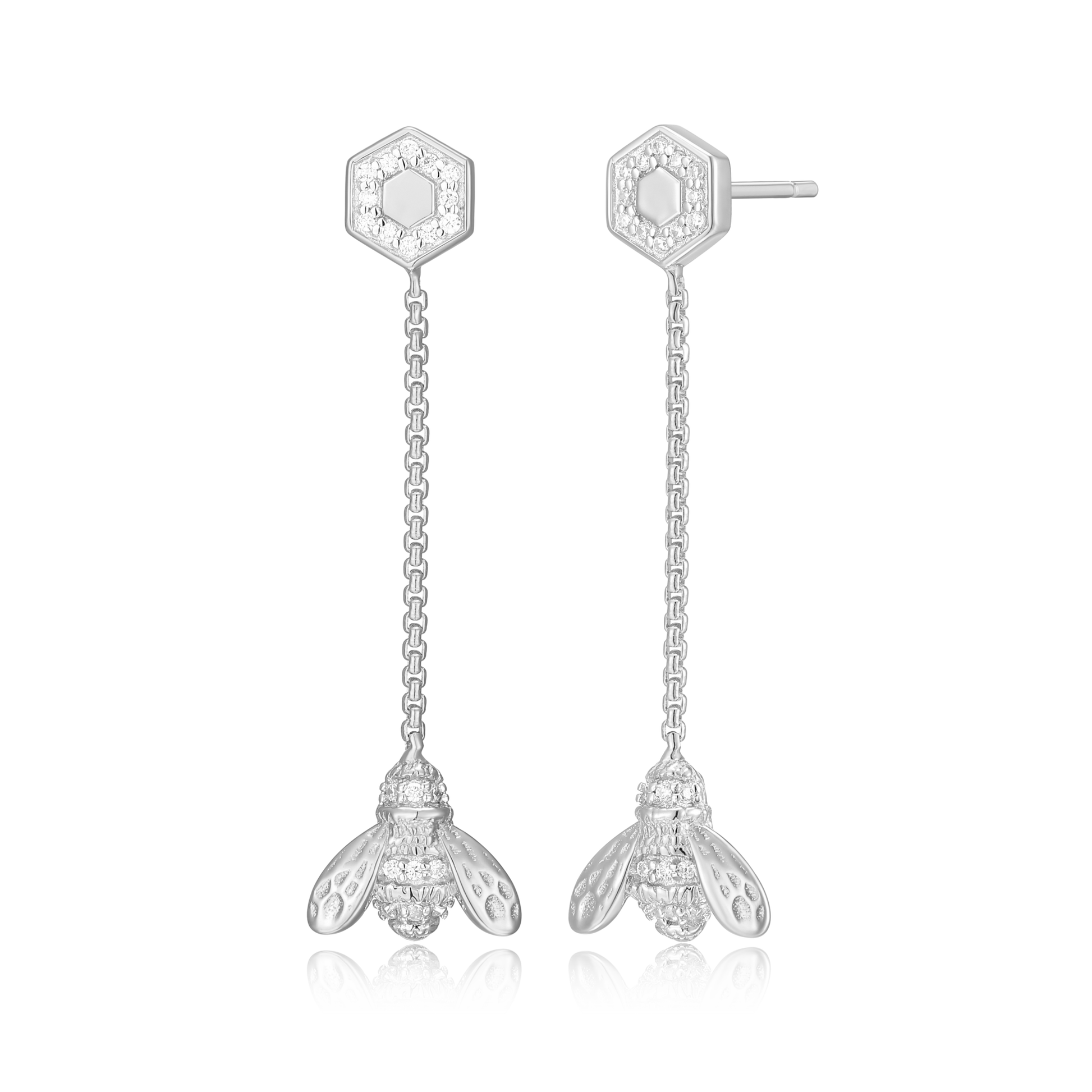 Honey Bee Dangle Stud Earrings in Rhodium-Plated Sterling Silver | M by Monte Luna