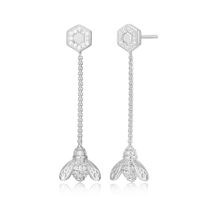 Honey Bee Dangle Stud Earrings in Rhodium-Plated Sterling Silver | M by Monte Luna