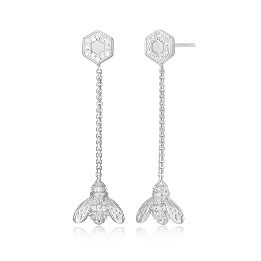 Honey Bee Dangle Stud Earrings in Rhodium-Plated Sterling Silver | M by Monte Luna