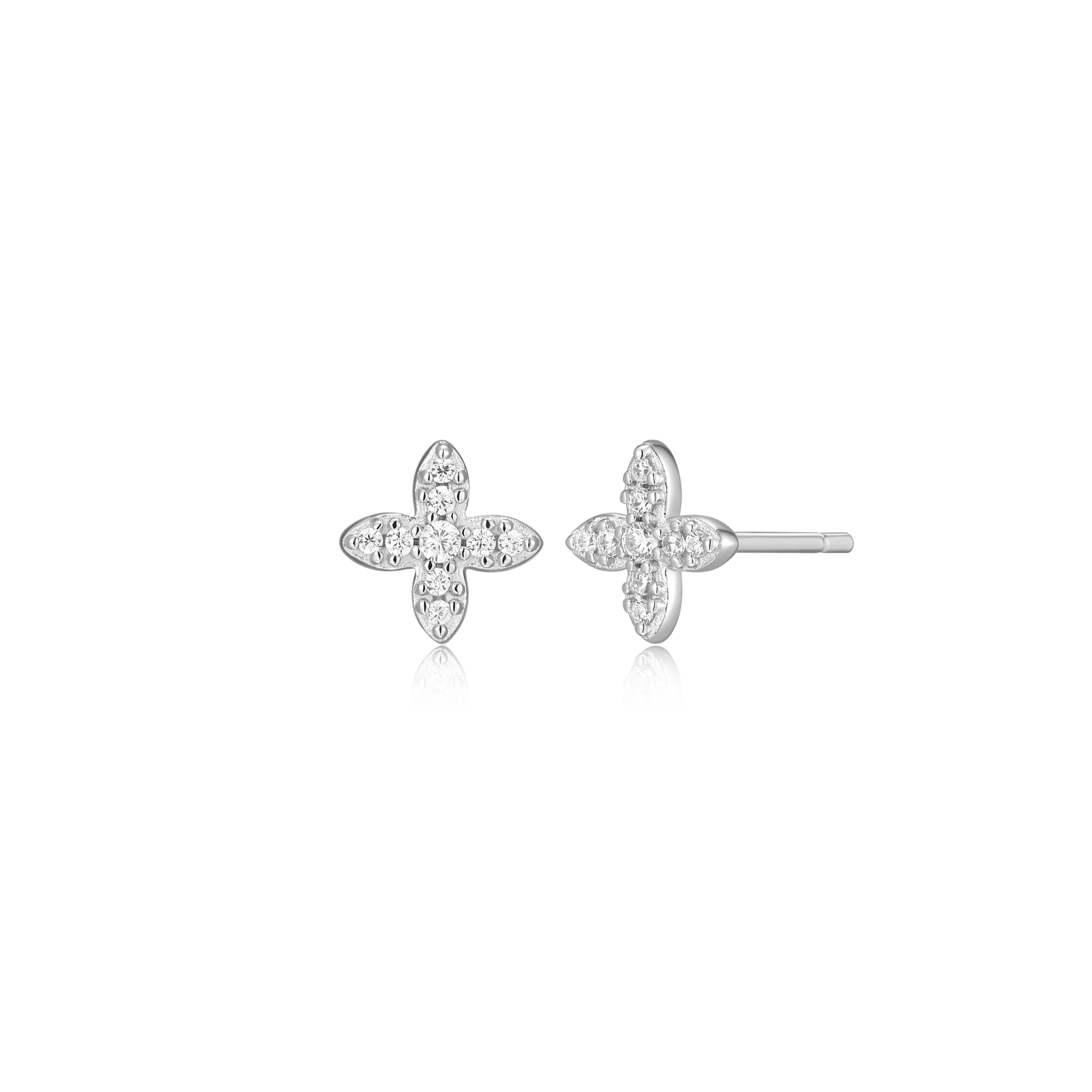 Four Leaf Flower Stud Earrings in Rhodium-Plated Sterling Silver | M by Monte Luna