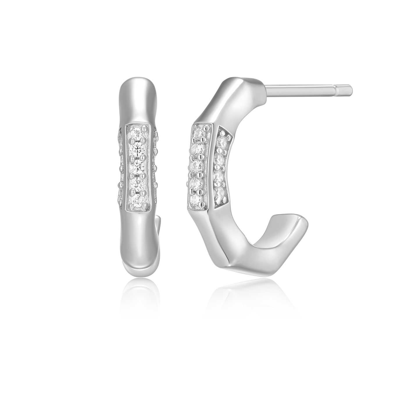 Bamboo J-Hoop Stud Earrings in Rhodium-Plated Sterling Silver | M by Monte Luna