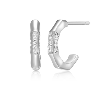 Bamboo J-Hoop Stud Earrings in Rhodium-Plated Sterling Silver | M by Monte Luna