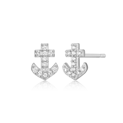 Anchor Pave Stud Earrings in Rhodium-Plated Sterling Silver | M by Monte Luna
