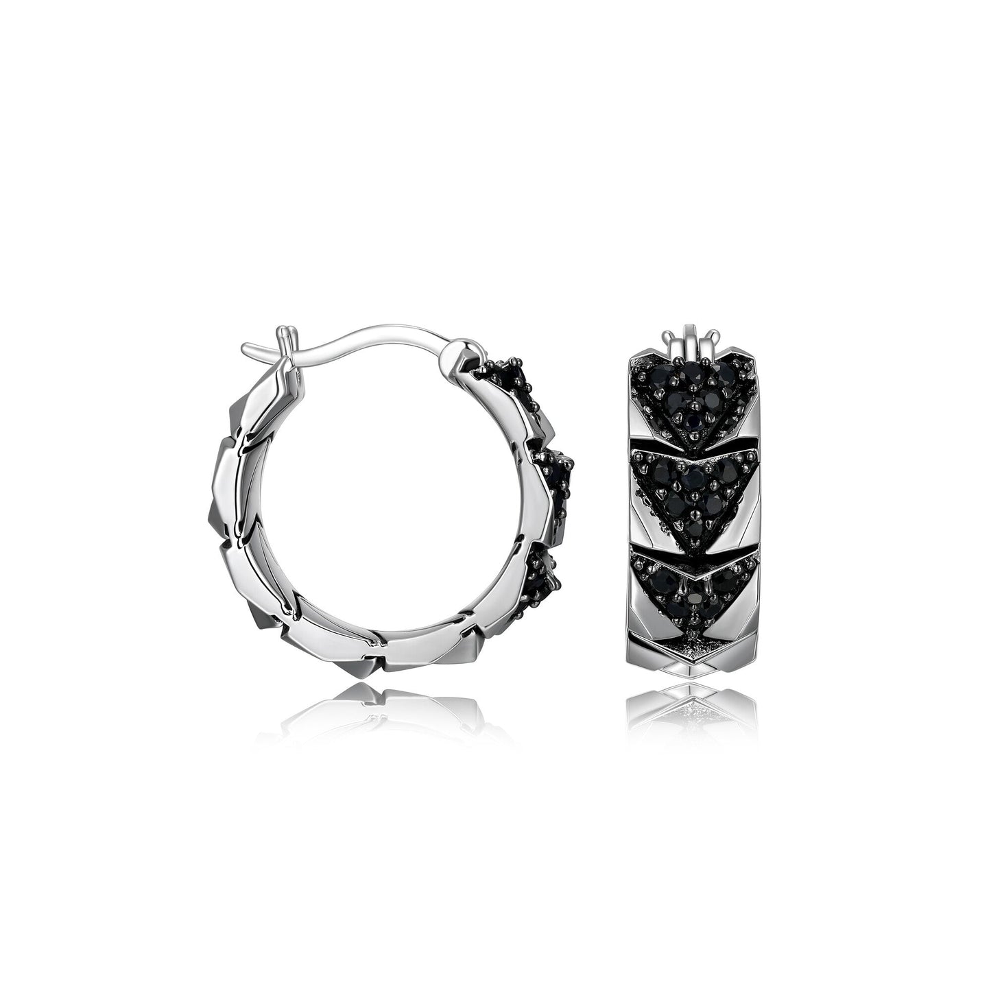 Chevron Rhodium and Gunmetal Sterling Silver and Black Sapphire Hoop Earrings - UE06 | ethos