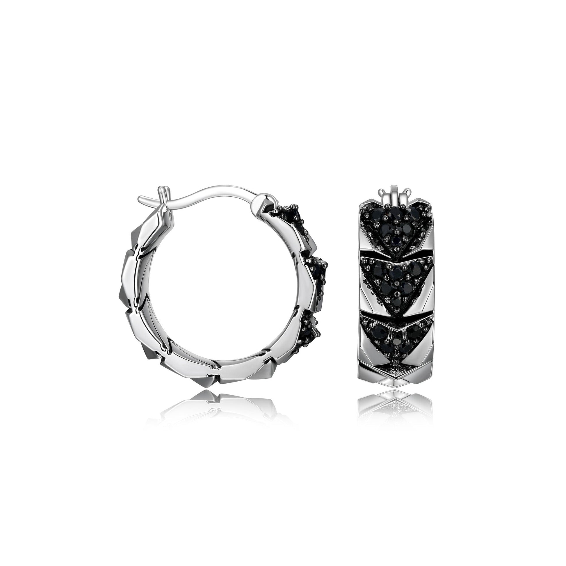 Chevron Rhodium and Gunmetal Sterling Silver and Black Sapphire Hoop Earrings - UE06 | ethos