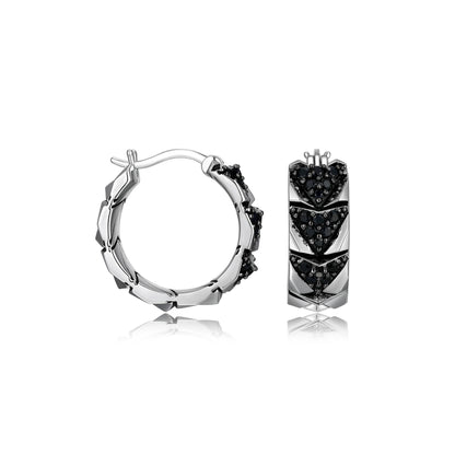 Chevron Rhodium and Gunmetal Sterling Silver and Black Sapphire Hoop Earrings - UE06 | ethos
