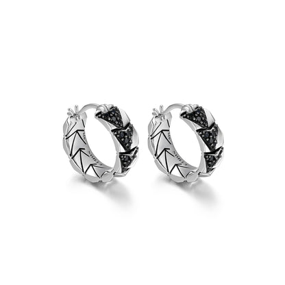Chevron Rhodium and Gunmetal Sterling Silver and Black Sapphire Hoop Earrings - UE06 | ethos