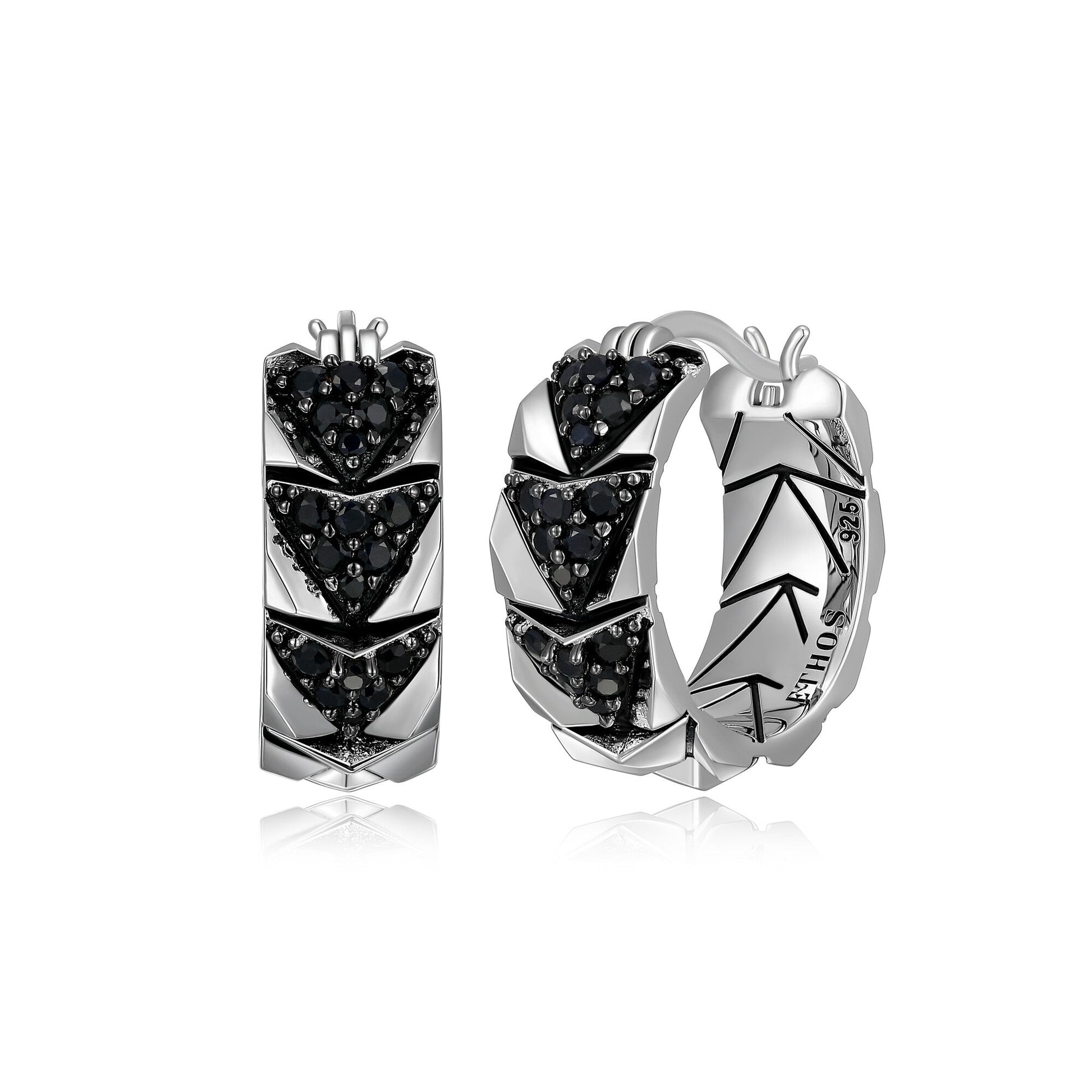 Chevron Rhodium and Gunmetal Sterling Silver and Black Sapphire Hoop Earrings - UE06 | ethos