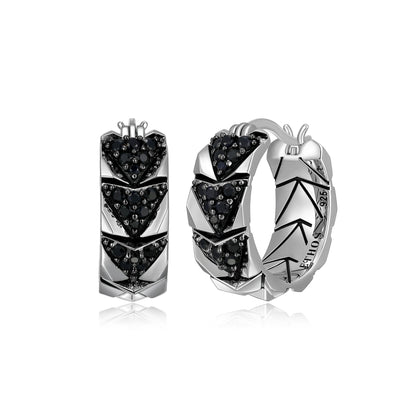 Chevron Rhodium and Gunmetal Sterling Silver and Black Sapphire Hoop Earrings - UE06 | ethos