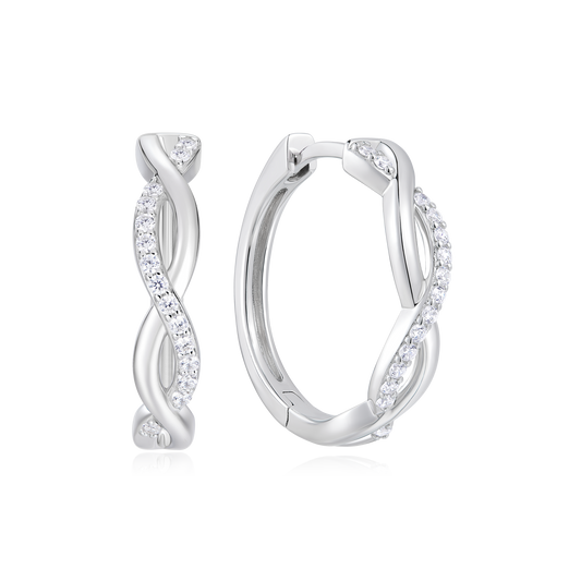 Half Pave Twist Hoop Earrings in Rhodium-Plated Sterling Silver | M by Monte Luna