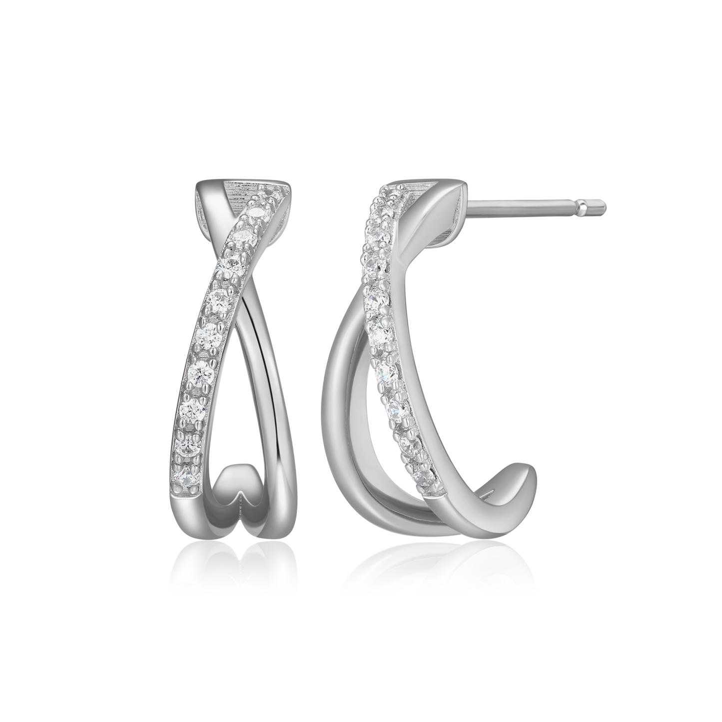 Crossover J-Hoop Stud Earrings in Rhodium-Plated Sterling Silver | M by Monte Luna