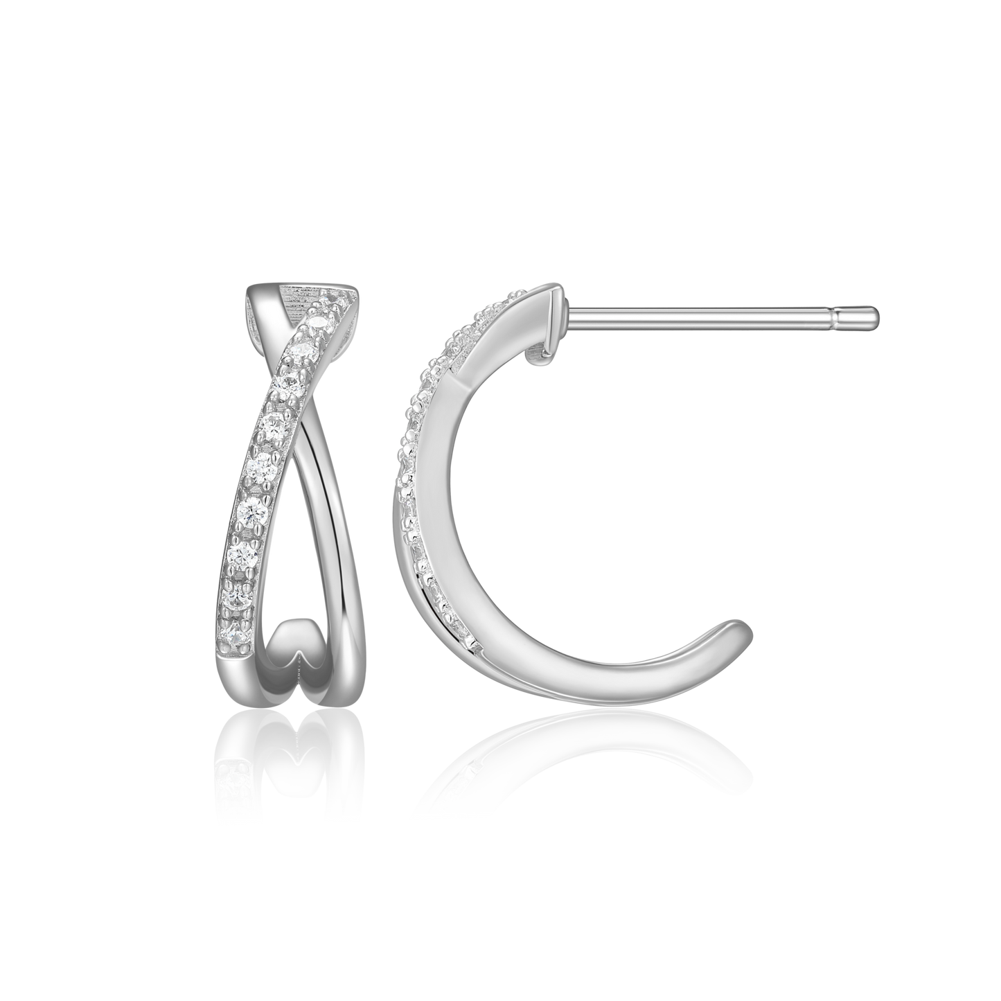 Crossover J-Hoop Stud Earrings in Rhodium-Plated Sterling Silver | M by Monte Luna