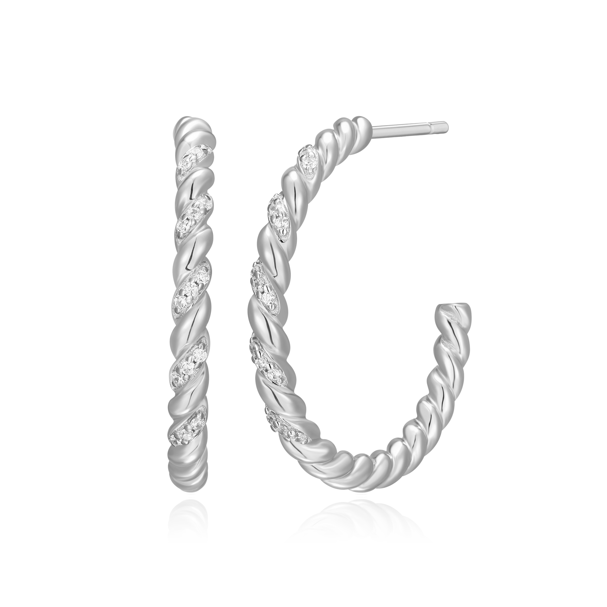 Twist J-Hoop Stud Earrings in Rhodium-Plated Sterling Silver | M by Monte Luna