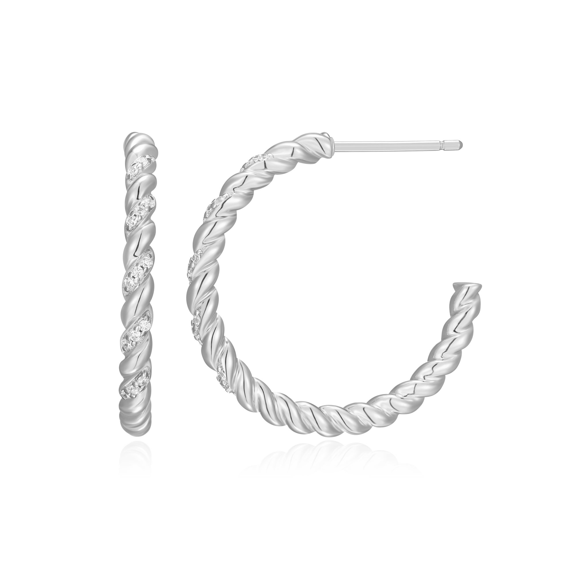 Twist J-Hoop Stud Earrings in Rhodium-Plated Sterling Silver | M by Monte Luna