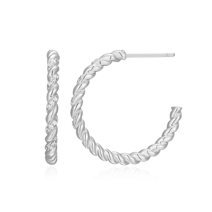 Twist J-Hoop Stud Earrings in Rhodium-Plated Sterling Silver | M by Monte Luna