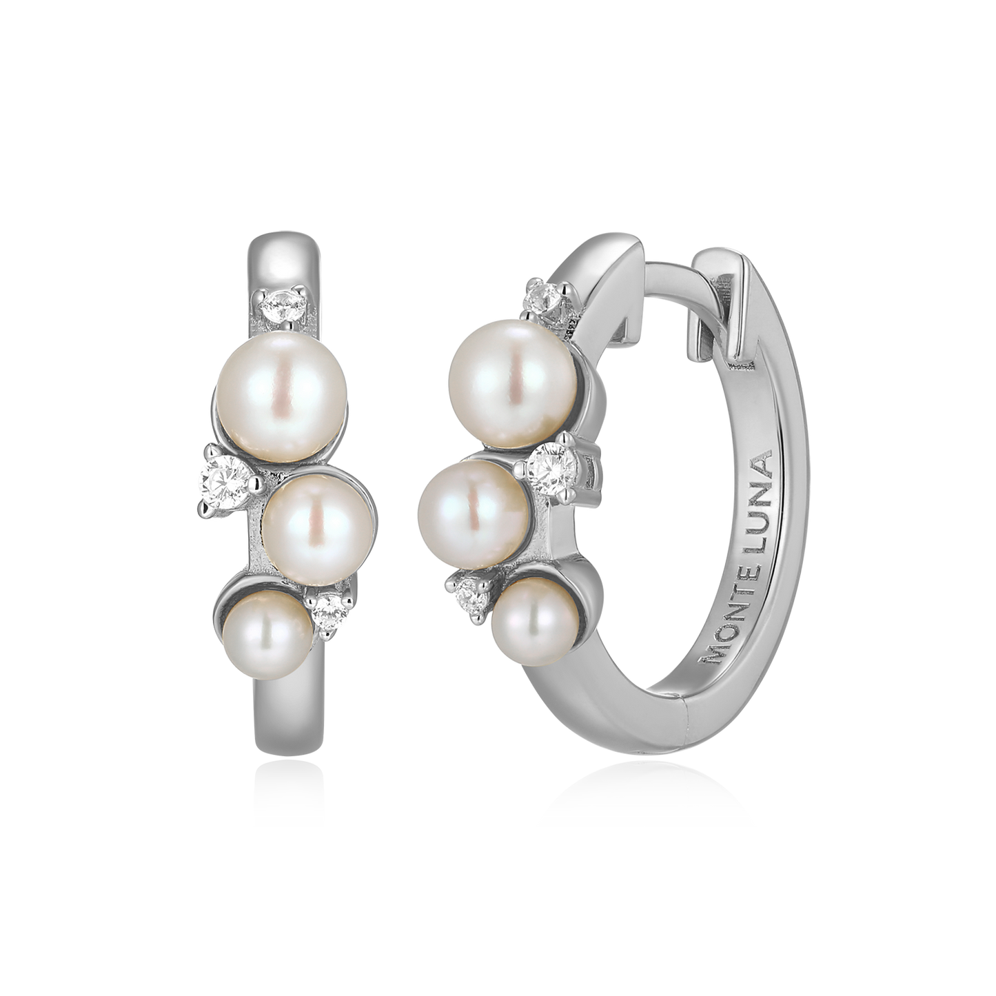 Scattered Genuine Pearl & Lab-Created Diamond Huggie Earrings in Rhodium-Plated Sterling Silver | M by Monte Luna