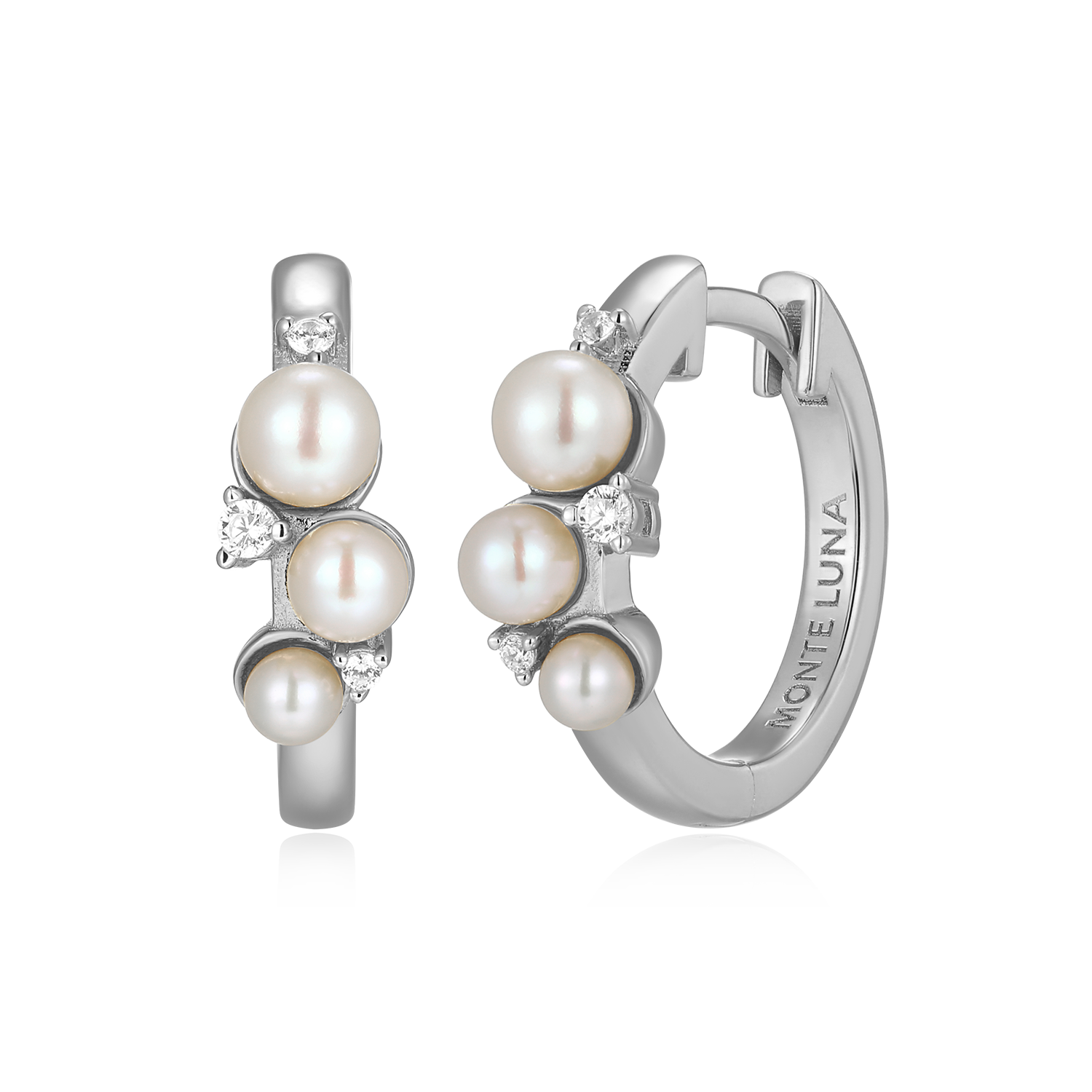 Scattered Genuine Pearl & Lab-Created Diamond Huggie Earrings in Rhodium-Plated Sterling Silver | M by Monte Luna