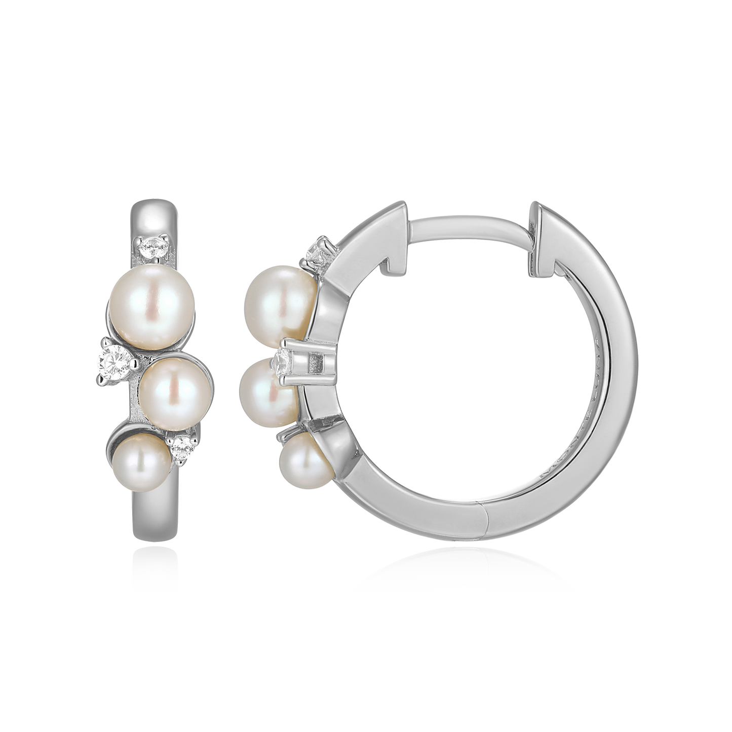 Scattered Genuine Pearl & Lab-Created Diamond Huggie Earrings in Rhodium-Plated Sterling Silver | M by Monte Luna