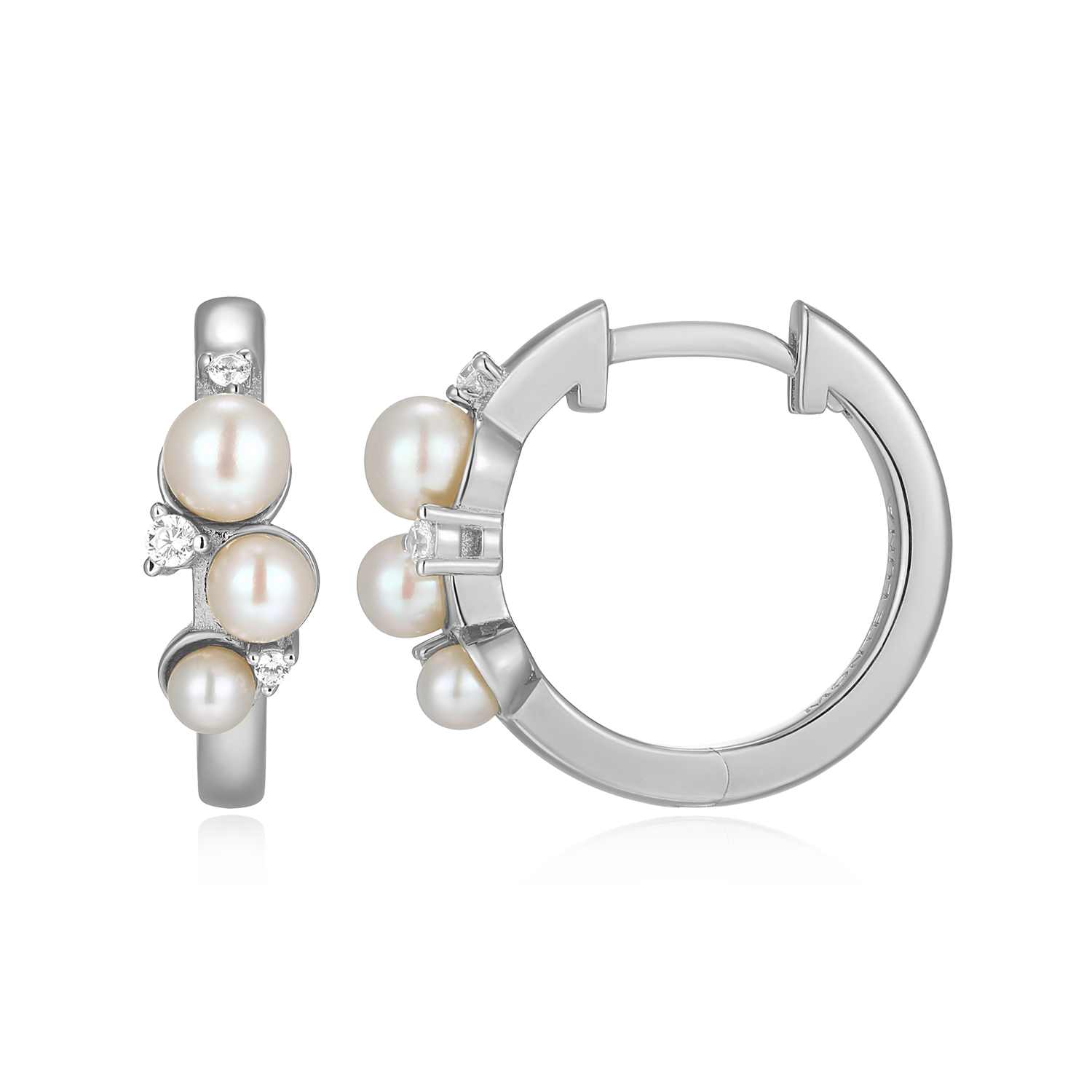 Scattered Genuine Pearl & Lab-Created Diamond Huggie Earrings in Rhodium-Plated Sterling Silver | M by Monte Luna