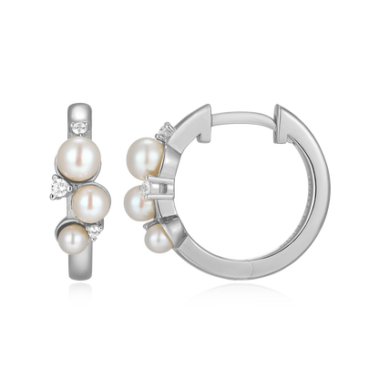 Scattered Genuine Pearl & Lab-Created Diamond Huggie Earrings in Rhodium-Plated Sterling Silver | M by Monte Luna