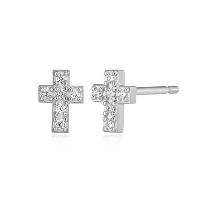 Petite Pave Cross Lab-Created Diamond Stud Earrings in Rhodium-Plated Sterling Silver | M by Monte Luna