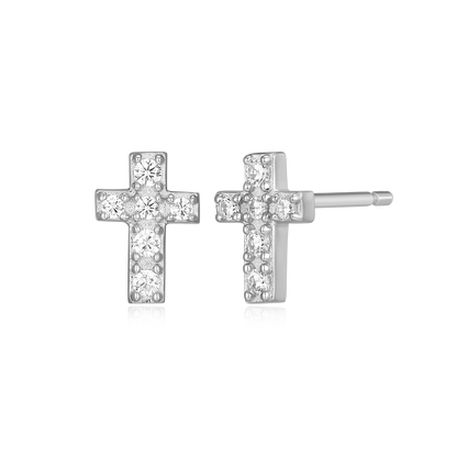 Pave Cross Lab-Created Diamond Stud Earrings in Rhodium-Plated Sterling Silver | M by Monte Luna