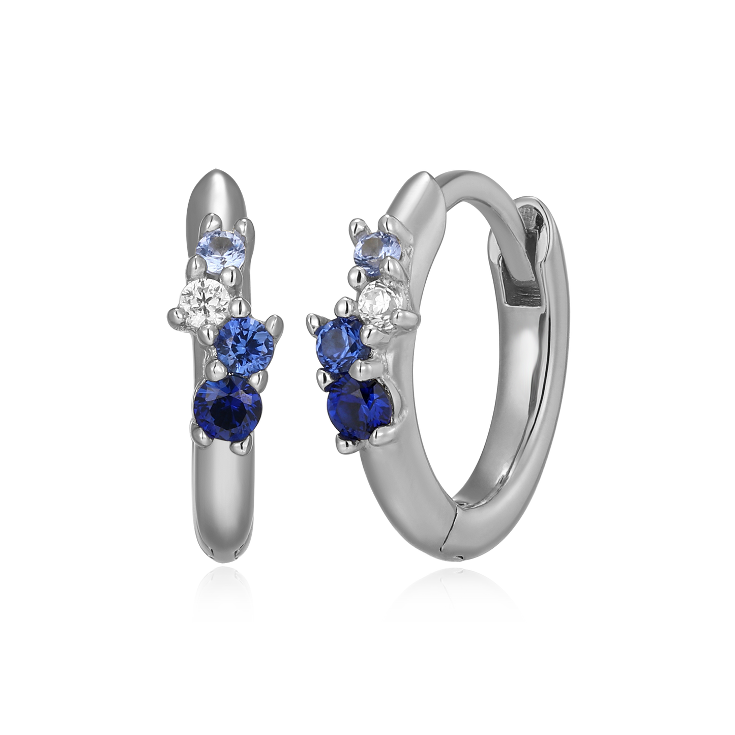 Scattered Ombre Lab-Created Sapphire & Diamond Huggie Earrings in Rhodium-Plated Sterling Silver | M by Monte Luna